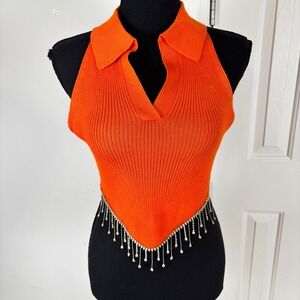 Roma Concept Orange Ribbed Halter Top Rhinestone Fringe Handkerchief Hem Large
